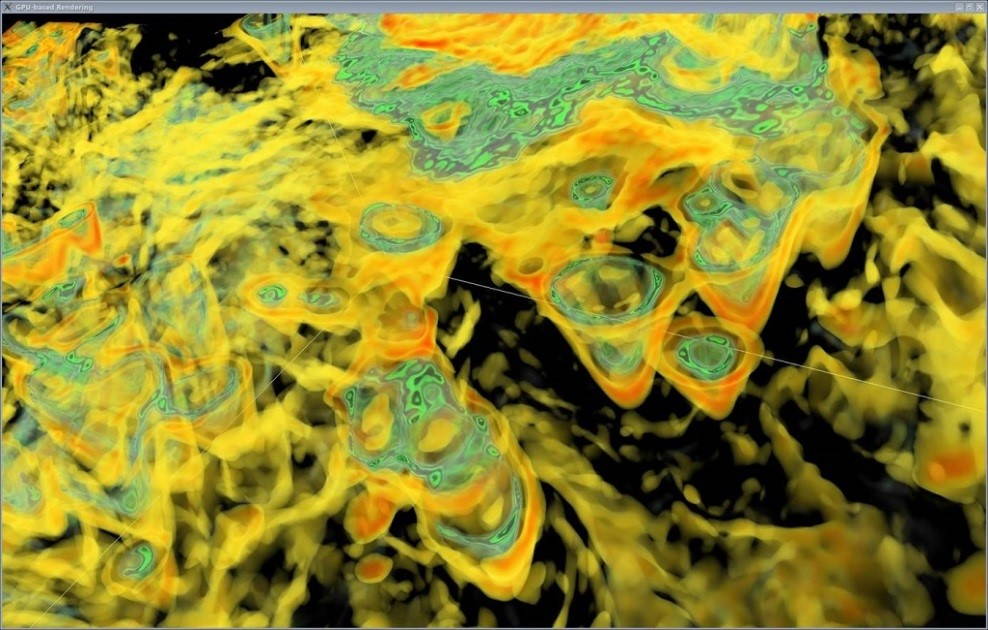 Imagen: Karsting en una reserva de gas de lutita visualizada con la representación basada en la GPU en Paradigm VoxelGeo