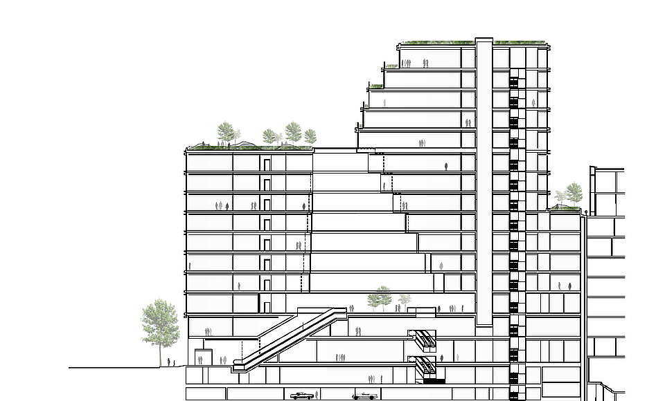 Hästen 21 Stockholm Section A - A' 14 Floors Green : Diagram © Schmidt Hammer Lassen Architects