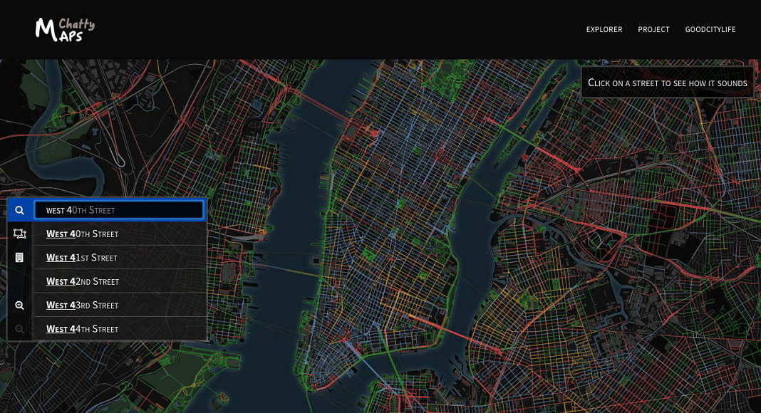 Buscar un segmento de una calle para ver los sonidos urbanos : Imágen © Chatty Maps