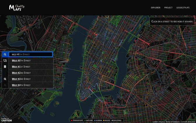 Buscar un segmento de una calle para ver los sonidos urbanos : Imágen © Chatty Maps