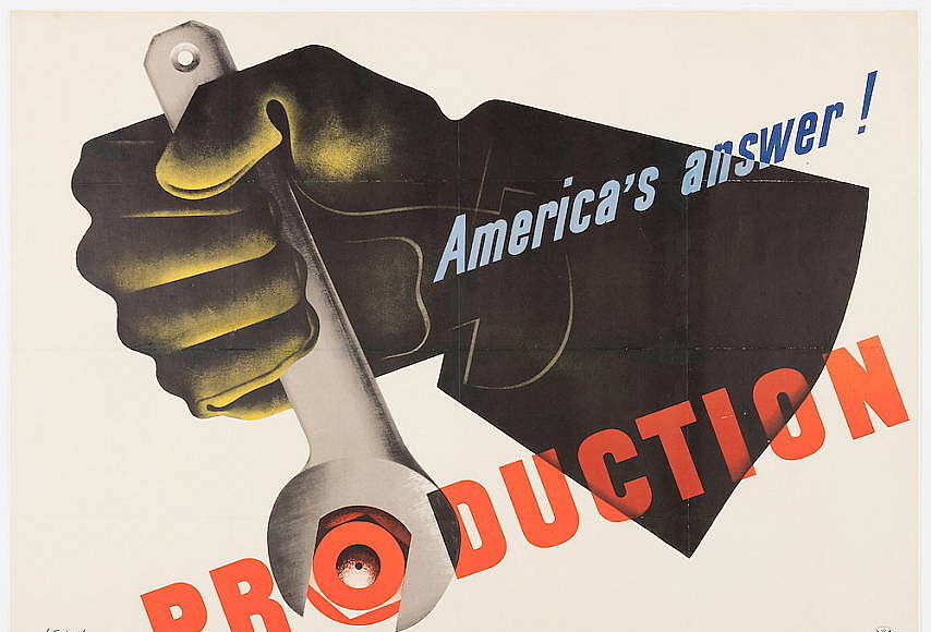 Designed by Jean Carlu (French, active United States, 1900 - 1997) Poster, America’s Answer! Production Designed 1942 Offset lithograph on paper 76.2 × 101.6 cm (30 × 40 in.) Printed by the U.S. Government Printing Office Published by the Office of Emergency Management (USA) : Photo Matt Flynn © Smithsonian Institution