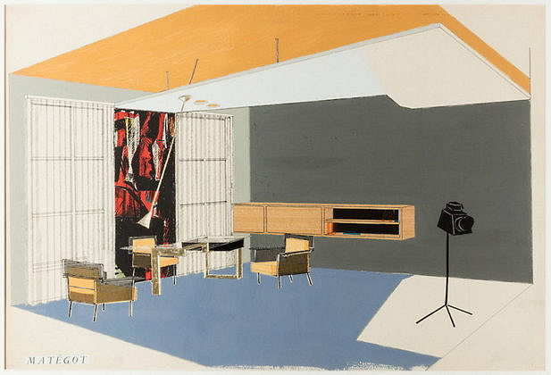 Designed by Mathieu Matégot (Hungarian and French, 1910-2001) Drawing, Interior Designed Ca. 1950 Gouache, ink, collage on paper 47 × 72.4 cm (18 1/2 × 28 1/2 in.) : Photo Matt Flynn © Smithsonian Institution