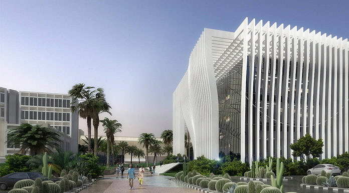 Proyecto ganador del concurso para el Centro de Nanociencia y Nanotecnología Universidad de Tel Aviv Perspective View from Western Gate : Render © Atelier d’Architecture Michel Remon