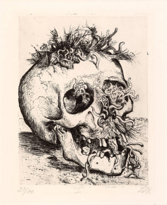 Otto Dix, Schädel, 1924, Radierung aus: Der Krieg. Radierwerk VI, 25.7 x 19.5 cm 68 x 53 cm, Sammlung Institut für Auslandsbeziehungen e.V. Stuttgart : Photo © VG Bildkunst Bonn