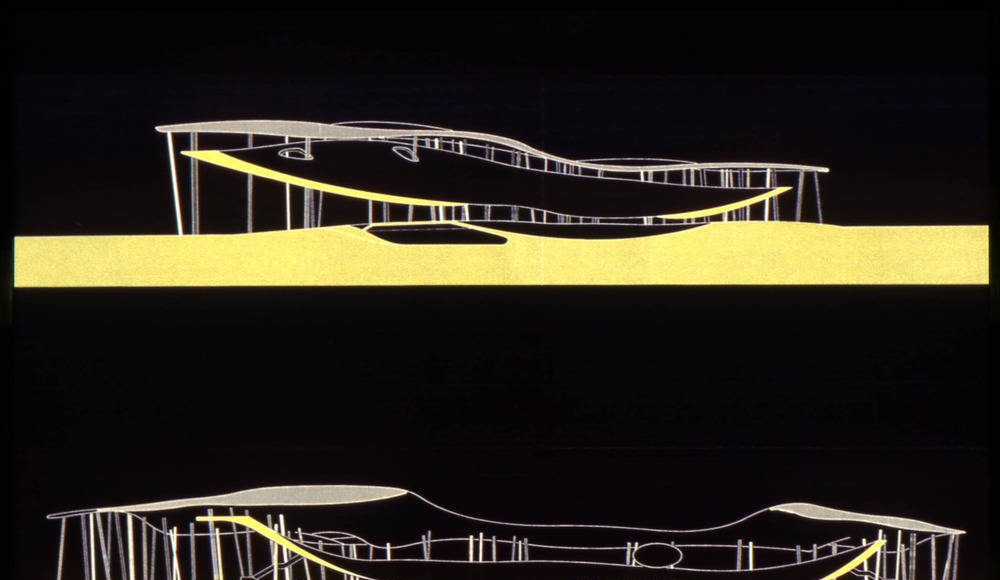 Peter Kulka with Ulrich Königs, Chemnitz Stadium (competition): Sections, c. 1995. Ulrich Koenigs Records, Canadian Centre for Architecture, Montreal : Photo credit Gift of Ulrich Koenigs. © Peter Kulka with Ulrich
