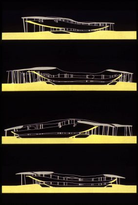 Peter Kulka with Ulrich Königs, Chemnitz Stadium (competition): Sections, c. 1995. Ulrich Koenigs Records, Canadian Centre for Architecture, Montreal : Photo credit Gift of Ulrich Koenigs. © Peter Kulka with Ulrich