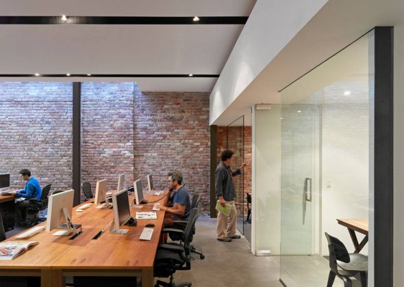 Hybrid Design detail of skylight at first/ground floor office area by Terry & Terry Architecture : Photo © Bruce Damonte