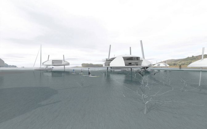 Tidal House dwellings in a cluster over a flooded valley : Photo credit © Terry & Terry Architecture