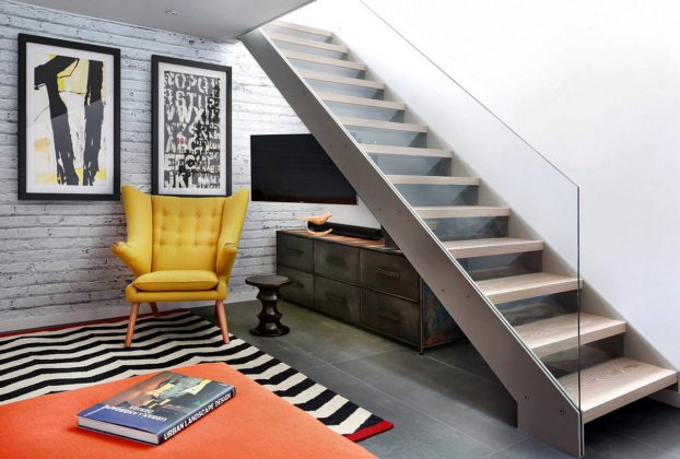 Staircase and TV + Living Room, Lower Ground Floor - Southwood by LLI Design : Photo credit © Alex Maguire