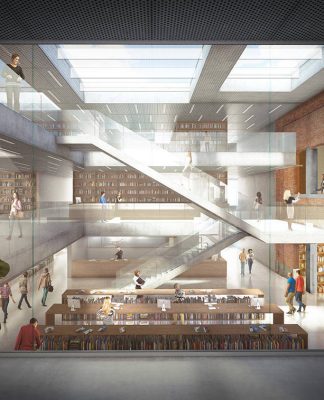 Espacios Interiores del Primer Nivel de la Biblioteca Municipal de Aalst diseño de KAAN Architecten : Render ©EdiT - © KAAN Architecten