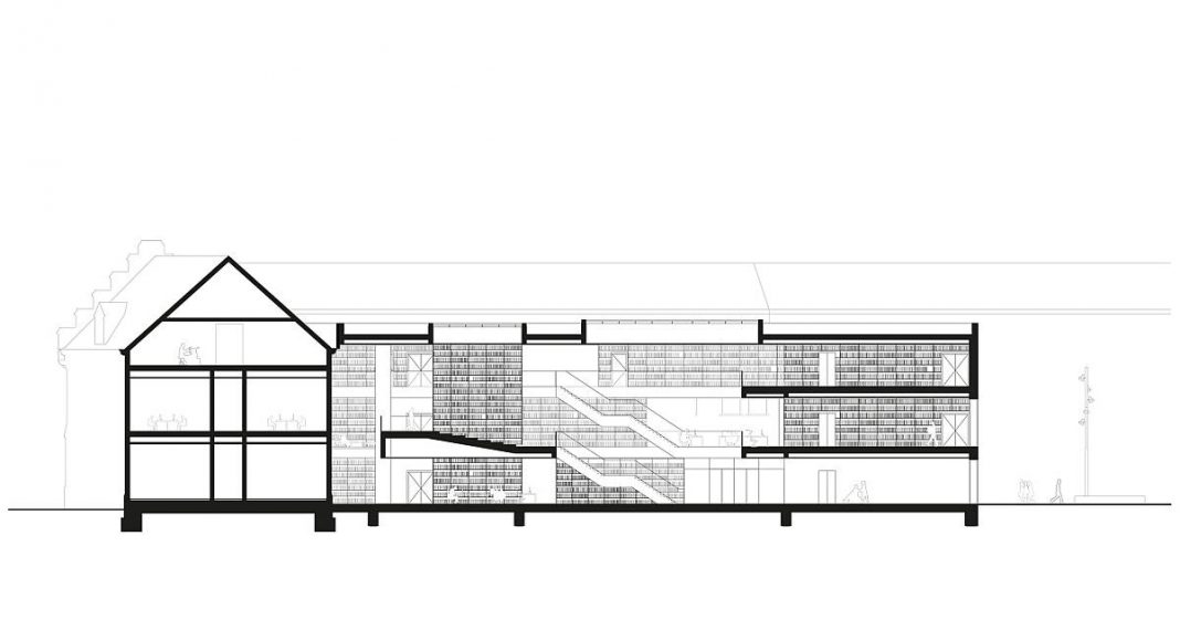 Corte Longitudinal de la Biblioteca Municipal de Aalst diseñada por KAAN Architecten : Drwaing © KAAN Architecten