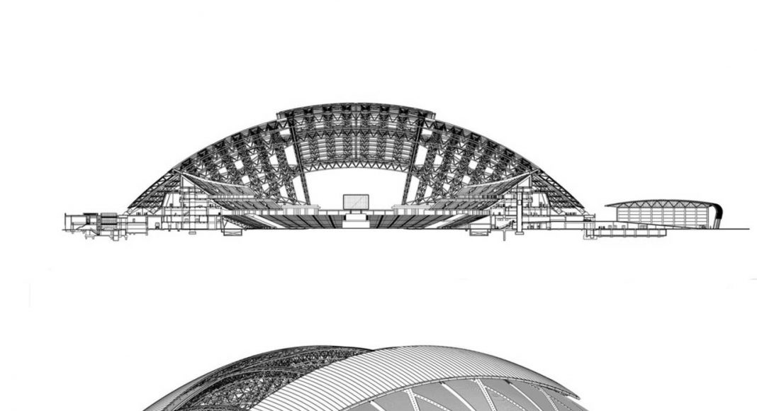 The dome structure provides shade and cooling when required and is left open when the stadium is not in use, keeping the grass pitch in healthy condition : Photo credit © Arup Associates