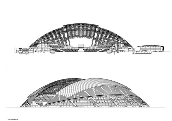 The dome structure provides shade and cooling when required and is left open when the stadium is not in use, keeping the grass pitch in healthy condition : Photo credit © Arup Associates