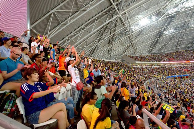 The energy used to cool the Stadium is 100% offset by renewable energy sources, via PV cells fitted to the roof of adjacent Sports Hub buildings : Photo credit © Arup Associates