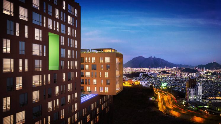 Vista Panorámica desde el Edificio JADE hacia la Ciudad de Monterrey del Proyecto CANTERA : Render cortesía de © Carza