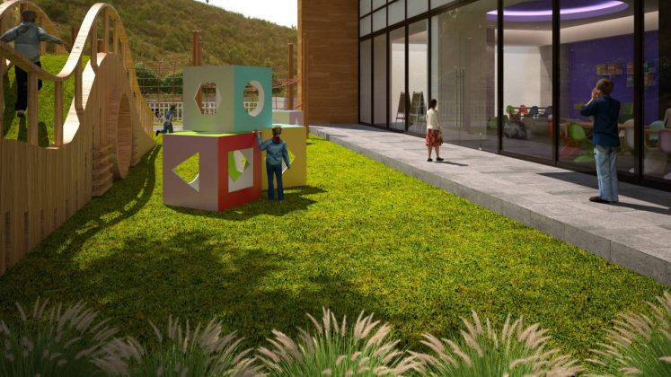 Vista de los Jardines con juegos infantiles Nivel 1 del Proyecto CANTERA : Render cortesía de © Carza