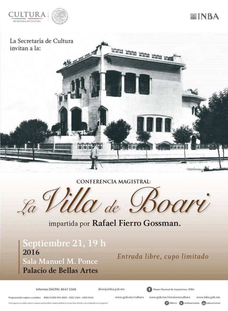 Conferencia Magistral de Arquitectura "La Villa de Boari" : Cartel © DACPAI/INBA