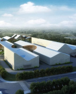 URBANLOGIC Diseña Fábrica de las Artes y Centro de Innovación en Sichuan, China Aerial View from North-East : Photo credit © Project Team: Hui Jun Wang, Yuan-Sheng Chen, Florian Pucher, Milan Svatek, Christian Junge