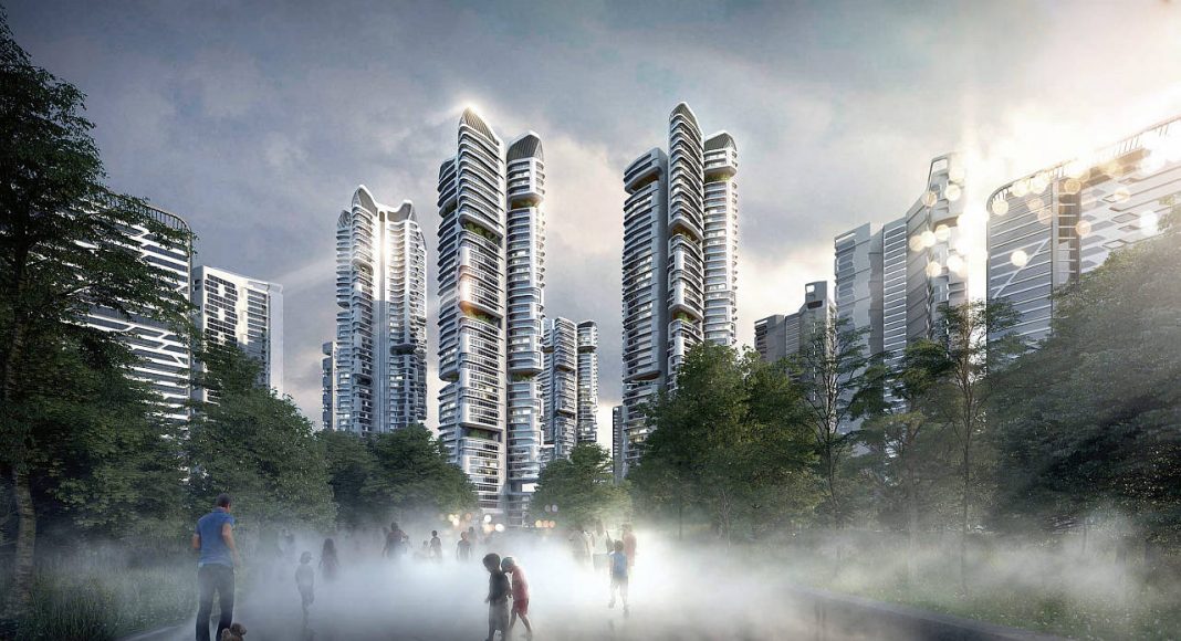 The mist lake and dragon towers are located at the centre of the development : Render © UNStudio and © Heerim