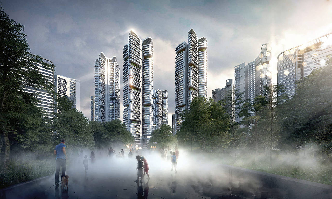 The mist lake and dragon towers are located at the centre of the development : Render © UNStudio and © Heerim