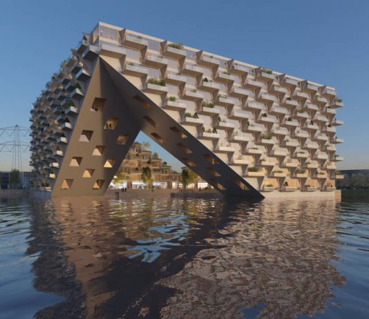 BIG & Barcode Architects Diseñan Pórtico en Amsterdam Sluishuis Vista desde el Agua en Amsterdam por BIG y BARCODE Architects : Render © BIG