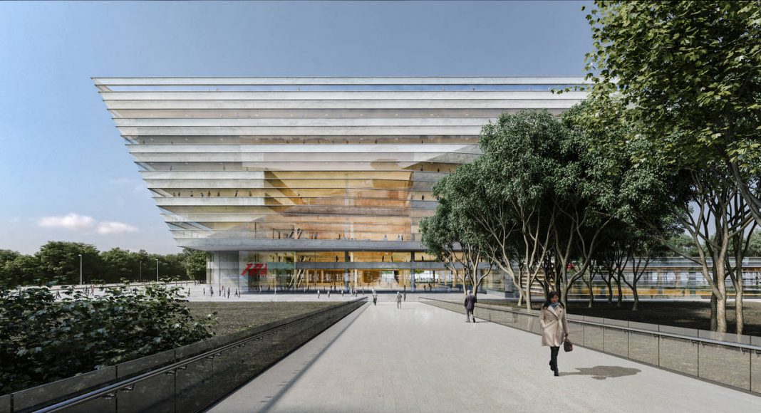 New Shanghai Library Exterior Day in Shanghai, China by Schmidt Hammer Lassen Architects : Render © Schmidt Hammer Lassen Architects