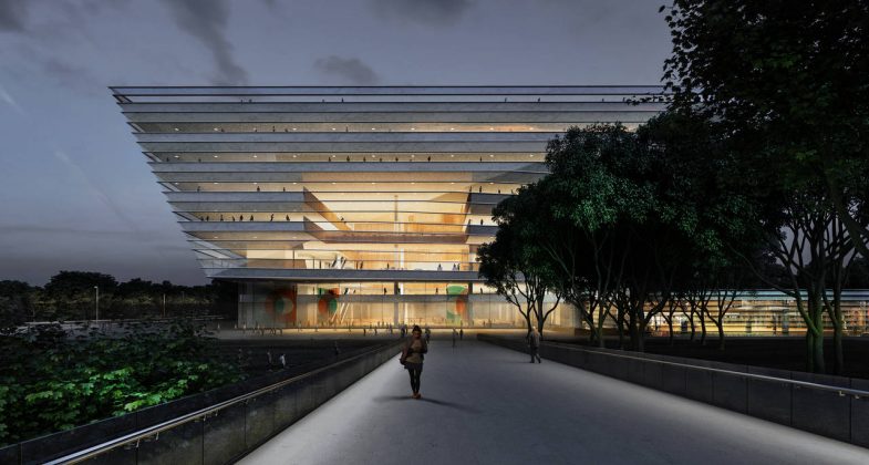 New Shanghai Library Exterior by Night in Shanghai, China by Schmidt Hammer Lassen Architects : Render © Schmidt Hammer Lassen Architects