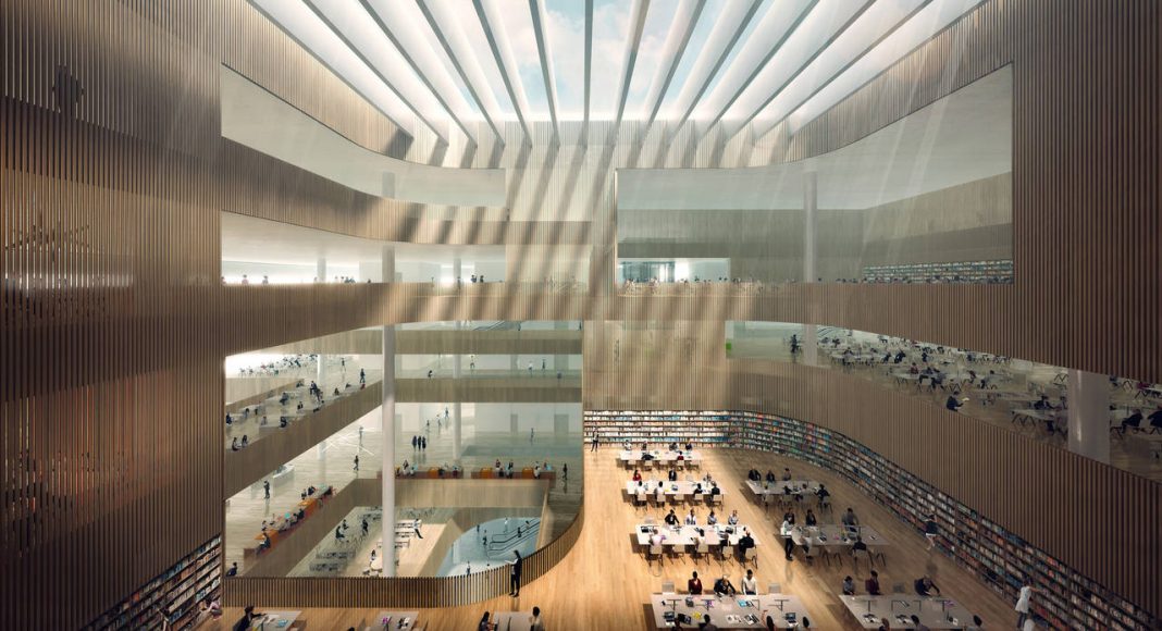New Shanghai Library Interior in Shanghai, China by Schmidt Hammer Lassen Architects : Render © Doug&Wolf