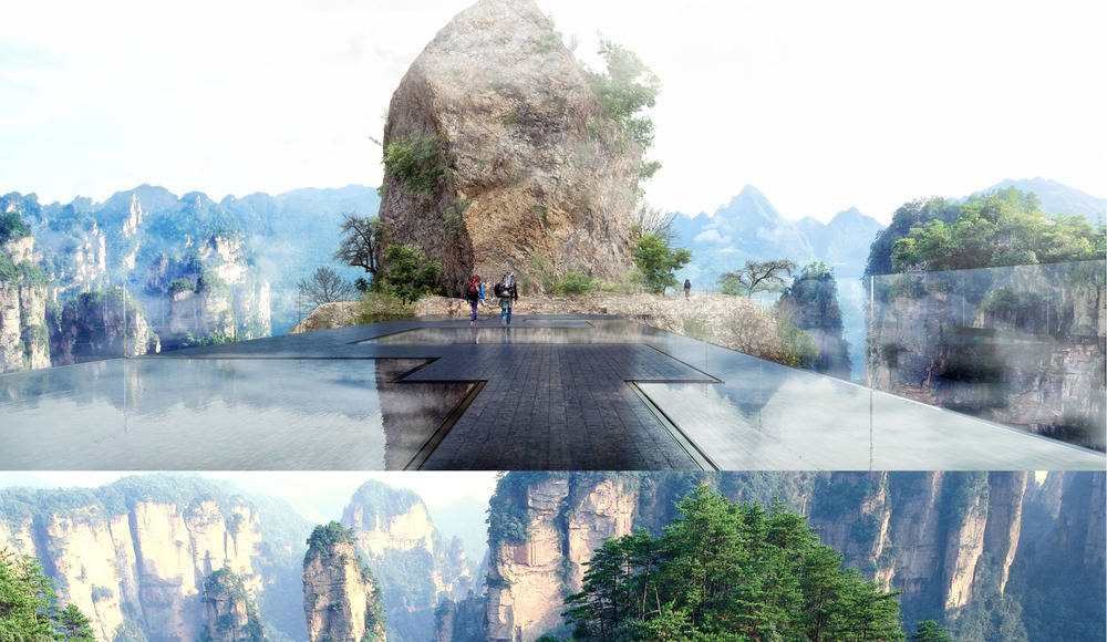 The "water mirror" is made of 2cm of water on black stone. The irregular set of stones gives a feeling of winding path in the mountains, when one is attracted by the great panorama. Every 7 minutes, the water disappears and reappears through spray nozzles, creating a cloud in the middle of the mountains. This cloud progressively lands on the stones, transformed into a veneer of still water : Photo credit © Martin Duplantier Architectes