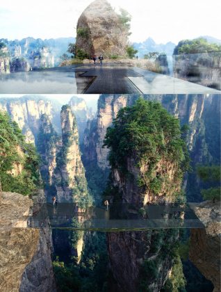 The "water mirror" is made of 2cm of water on black stone. The irregular set of stones gives a feeling of winding path in the mountains, when one is attracted by the great panorama. Every 7 minutes, the water disappears and reappears through spray nozzles, creating a cloud in the middle of the mountains. This cloud progressively lands on the stones, transformed into a veneer of still water : Photo credit © Martin Duplantier Architectes