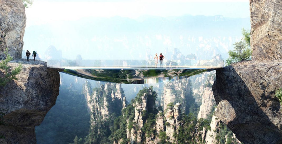 Mirroring the environment, the bridge is an elliptical disk. An off-centered hole leaves open views into the gap between the two rock faces. A strong net allows courageous visitors to lay down in the void : Photo credit © Martin Duplantier Architectes