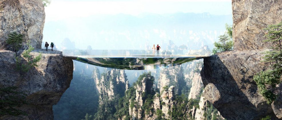 Mirroring the environment, the bridge is an elliptical disk. An off-centered hole leaves open views into the gap between the two rock faces. A strong net allows courageous visitors to lay down in the void : Photo credit © Martin Duplantier Architectes