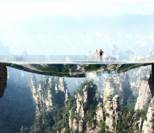 Mirroring the environment, the bridge is an elliptical disk. An off-centered hole leaves open views into the gap between the two rock faces. A strong net allows courageous visitors to lay down in the void : Photo credit © Martin Duplantier Architectes