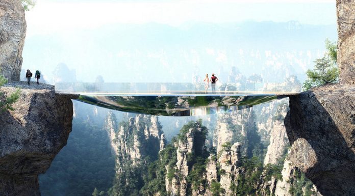 Mirroring the environment, the bridge is an elliptical disk. An off-centered hole leaves open views into the gap between the two rock faces. A strong net allows courageous visitors to lay down in the void : Photo credit © Martin Duplantier Architectes