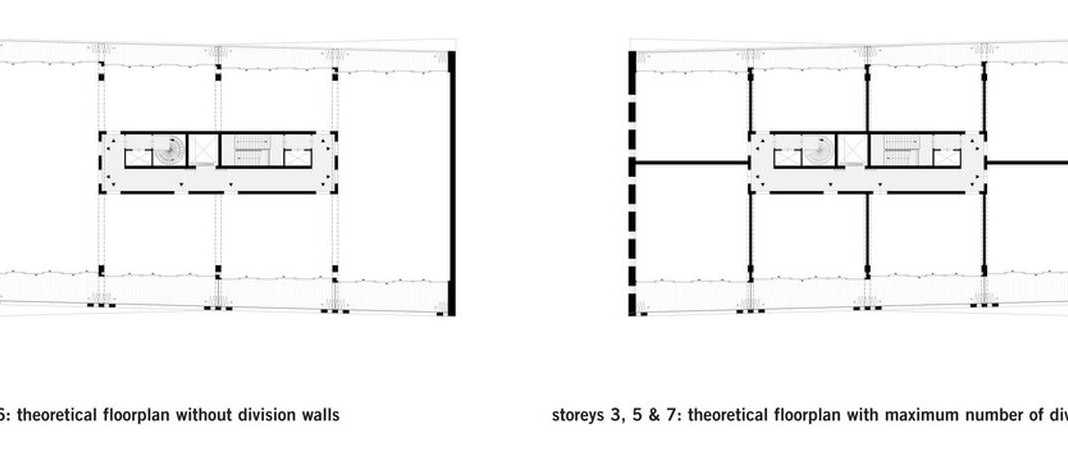 ﻿The high-rise section of the 5400m2 building can be converted from commercial space into residential space and vice versa without any changes being needed to the structure. The storeys, which shift in and out in a playful manner, can be used as large loft apartments of up to 540m2 with huge balconies, as up to eight smaller apartments or as open office space covering the entire floor thanks to the lack of structural division walls, the generous storey height of 4m and the high floor load of 4kN. Apartments can be subdivided or merged, and the division into apartments will remain flexible in the future : Photo credit © FRANTZEN et al