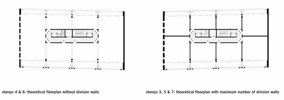 ﻿The high-rise section of the 5400m2 building can be converted from commercial space into residential space and vice versa without any changes being needed to the structure. The storeys, which shift in and out in a playful manner, can be used as large loft apartments of up to 540m2 with huge balconies, as up to eight smaller apartments or as open office space covering the entire floor thanks to the lack of structural division walls, the generous storey height of 4m and the high floor load of 4kN. Apartments can be subdivided or merged, and the division into apartments will remain flexible in the future : Photo credit © FRANTZEN et al