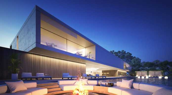 Vista hacia la residencia desde la hoguera a desnivel en la alberca : Photo credit © The Boundary