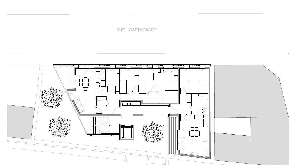 Planta del Primer Nivel del Desarrollo de 10 Viviendas en Castagnary diseñado por DFA : Drawing © Dietmar Feichtinger Architectes