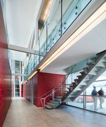 FDNY red was custom matched into materials such as the concrete block walls : Photo credit © Paul Warchol