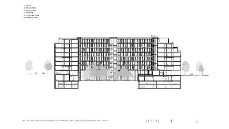 Veolia HQ Section A - A' designed by DFA | Dietmar Feichtinger Architectes : Drawing © DFA | Dietmar Feichtinger Architectes