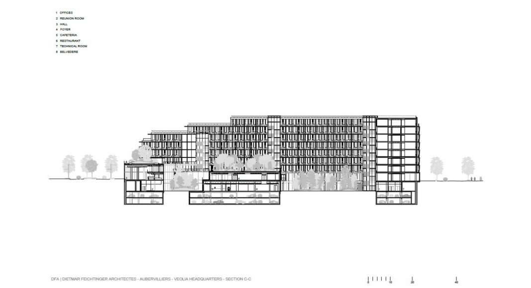 Veolia HQ Section C - C' designed by DFA | Dietmar Feichtinger Architectes : Drawing © DFA | Dietmar Feichtinger Architectes