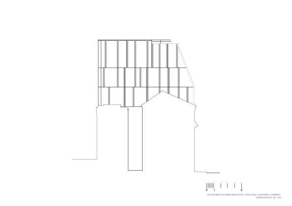 Fachada Noreste 1:100 del Desarrollo de 10 Viviendas en Castagnary diseñado por DFA : Drawing © Dietmar Feichtinger Architectes