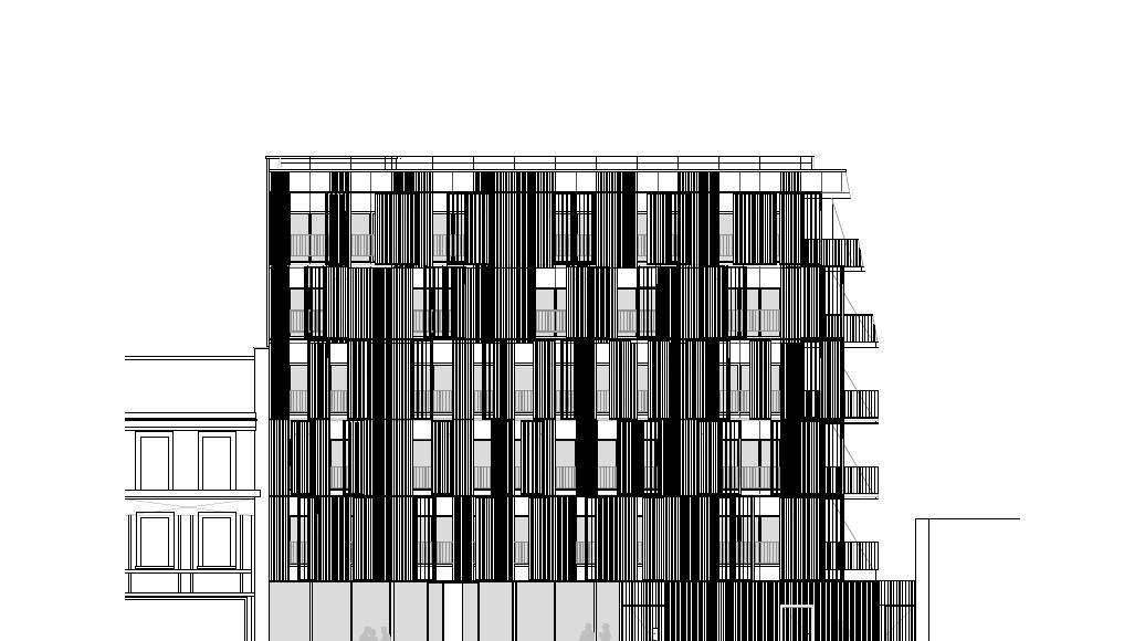 Fachada Noroeste 1:100 del Desarrollo de 10 Viviendas en Castagnary diseñado por DFA : Drawing © Dietmar Feichtinger Architectes