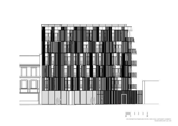 Fachada Noroeste 1:100 del Desarrollo de 10 Viviendas en Castagnary diseñado por DFA : Drawing © Dietmar Feichtinger Architectes