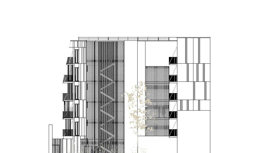 Fachada Sureste 1:100 del Desarrollo de 10 Viviendas en Castagnary diseñado por DFA : Drawing © Dietmar Feichtinger Architectes