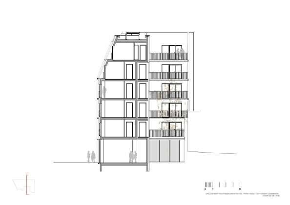 Corte A - A' 1:100 del Desarrollo de 10 Viviendas en Castagnary diseñado por DFA : Drawing © Dietmar Feichtinger Architectes