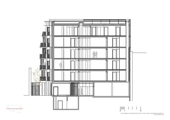 Corte B - B' 1:100 del Desarrollo de 10 Viviendas en Castagnary diseñado por DFA : Drawing © Dietmar Feichtinger Architectes