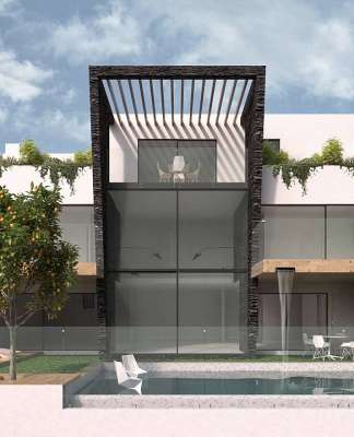 Arquitectura Residencial en Real de Juriquilla diseñada por MANUEL TORRES DESIGN Arquitectura Residencial en Real de Juriquilla Fachada Posterior : Render © MANUEL TORRES DESIGN