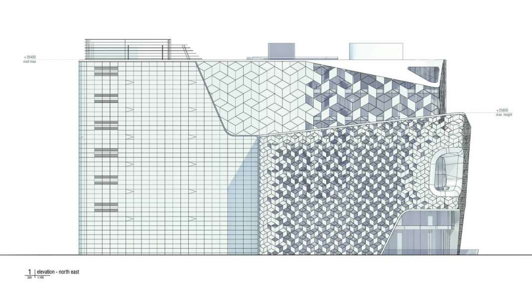 Lane 189 en Shanghai North East Elevation SD Status : Drawing © UNStudio