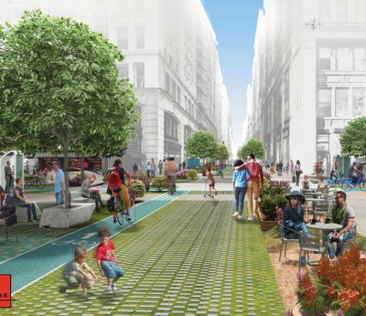 Public Square diseñado por FXFOWLE & Sam Schwartz Engineering Ganan el Concurso Driverless Future Challenge : Render © FXFOWLE & © Sam Schwartz Engineering